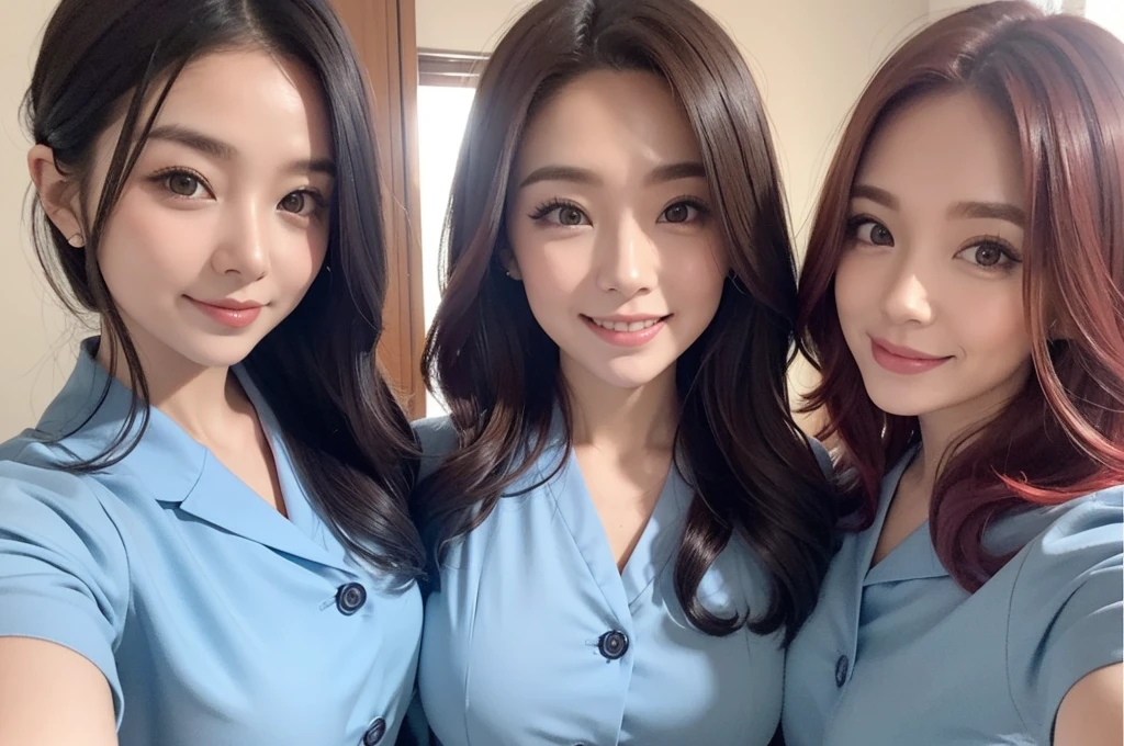 two sexy women in midwife outfits, various hair colors and hairstyles, cute smiles, portrait, close up faces, view from below