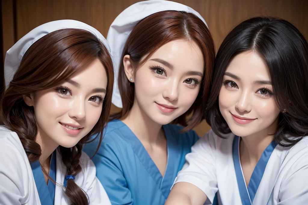 two sexy women in midwife outfits, various hair colors and hairstyles, cute smiles, portrait, close up faces, view from below