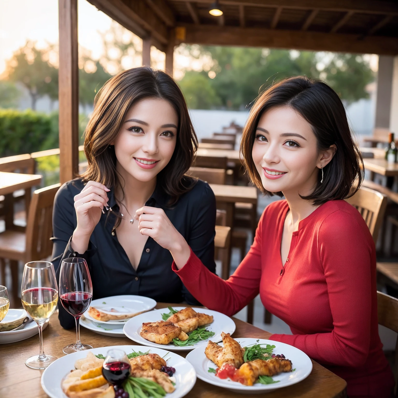 ((Highest quality、8k、masterpiece:1.3))、 (Genuineistic, Genuine、Bright image、Intricate details:1.2), 最高のsmile、1 male,1 female、Beautiful couple、spouse、fiancee、Good friends、actress couple、smile、Full-course dinner at a packed table、 (Slim face), (the body is slim), (Brown Hair), (short hair), テーブルのwine glass、Please shine a light on my face、 Amazing view of the sunset sky and clouds、 (42 years old)38 years old, red wine 、Appetizers、Wine bottle、sparkling wine、Long sleeve shirt、dress、White wine, red wine, wine glass,