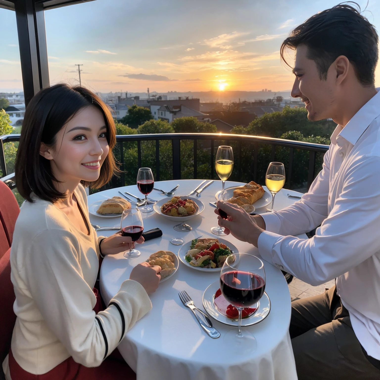 ((Highest quality、8k、masterpiece:1.3))、 (Genuineistic, Genuine、Bright image、Intricate details:1.2), 最高のsmile、1 male,1 female、Beautiful couple、spouse、fiancee、Good friends、actress couple、smile、Full-course dinner at a packed table、 (Slim face), (the body is slim), (Brown Hair), (short hair), テーブルのwine glass、Please shine a light on my face、 Amazing view of the sunset sky and clouds、 (42 years old)38 years old, red wine 、Appetizers、Wine bottle、sparkling wine、Long sleeve shirt、dress、White wine, red wine, wine glass,