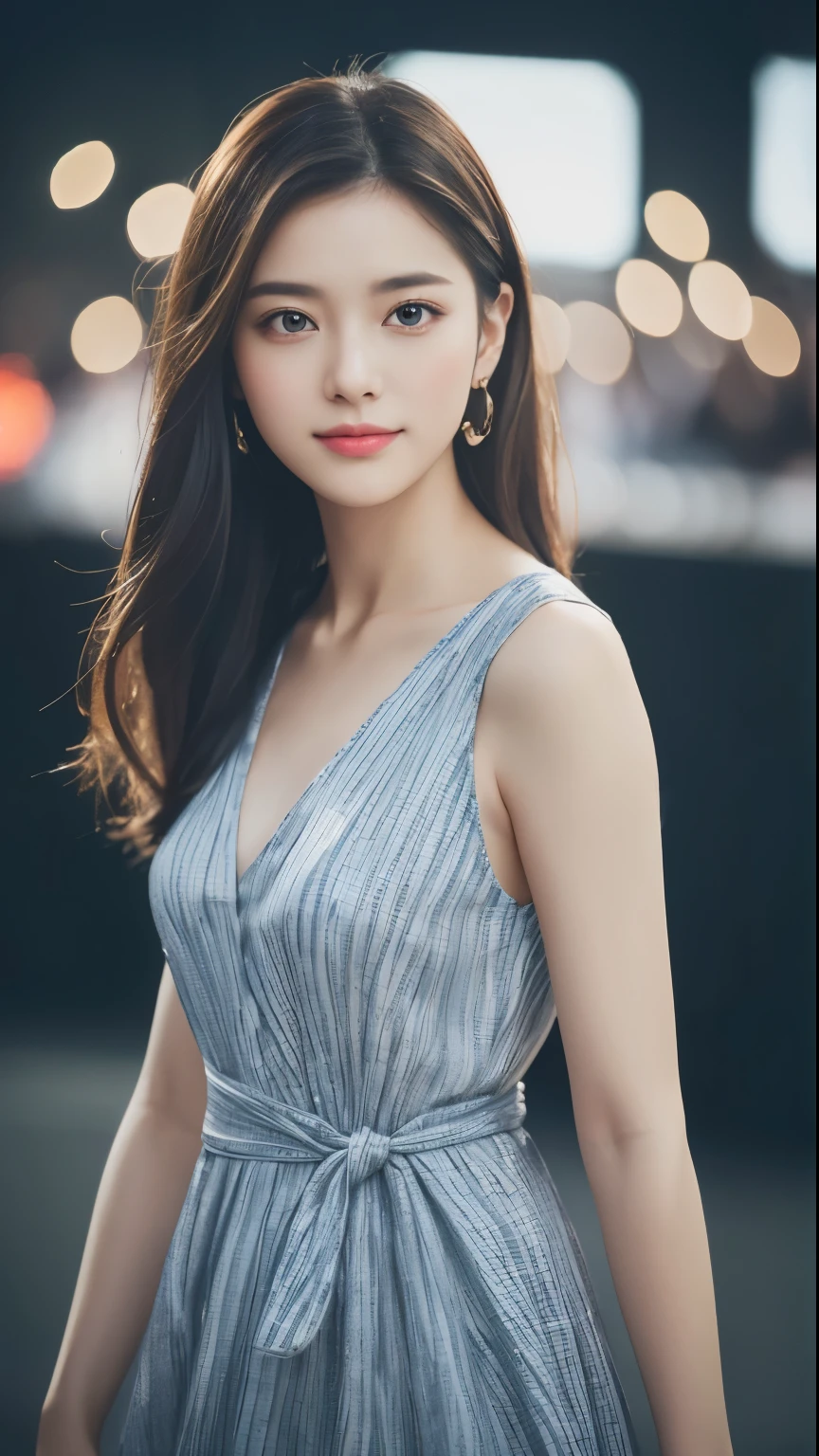 (8K, raw photo, realistic:1.25) ,( shine on lips,glossy finish, Shiny, shiny skin, best quality, Super high resolution, color difference, fire ship, wide light, natural shadows) Look at the audience with serenity and goddess-like happiness,(depth of field:1.6), (Colorful out of focus lights on background:1.2) ,very natural makeup,Taken on a cloudy day . slim eyes.downcast eyes. There's a faraway place in her eyes、laugh,(colorful summer dresses)(fashion professional model)、radio city、medium hair