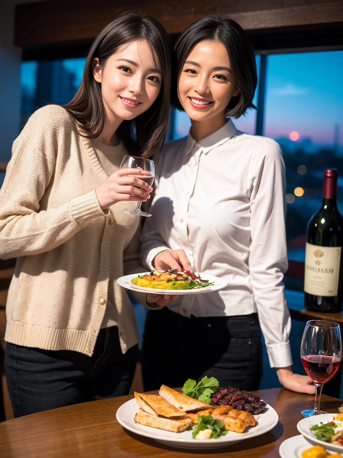 ((Highest quality、8k、masterpiece:1.3))、 (Genuineistic, Genuine、Bright image、Intricate details:1.2), 最高のsmile、1 male, 1 female、Beautiful couple、Satomi Ishihara-like lover、Good friends、actress couple、smile、Full-course dinner at a packed table、 (Slim face), (the body is slim), (Brown Hair), (short hair), テーブルのwine glass、Please shine a light on my face、 Amazing view of the sunset sky and clouds、 (36 years old)38 years old, red wine 、Appetizers、Wine bottle、sparkling wine、Long sleeve shirt、dress、White wine, red wine, wine glass, 