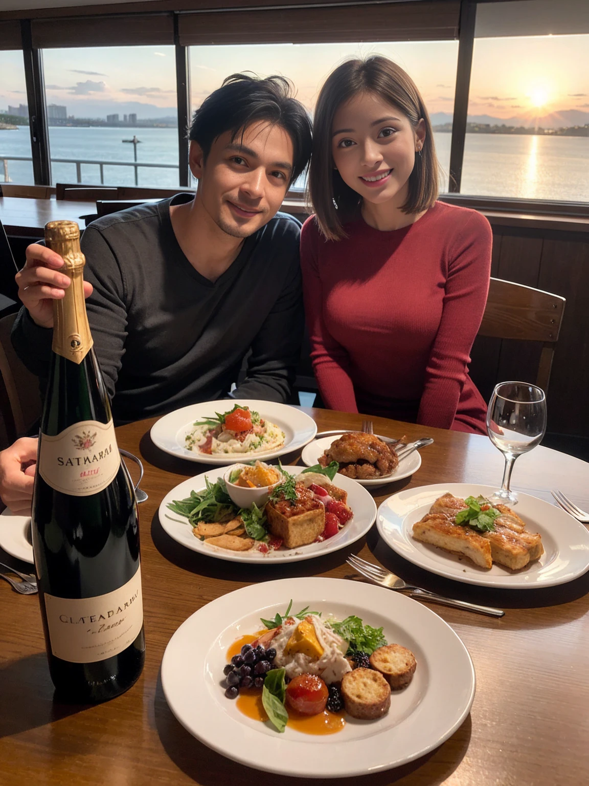 ((Highest quality、8k、masterpiece:1.3))、 (Genuineistic, Genuine、Bright image、Intricate details:1.2), 最高のsmile、1 male, 1 female、Beautiful couple、Satomi Ishihara-like lover、Good friends、actress couple、smile、Full-course dinner at a packed table、 (Slim face), (the body is slim), (Brown Hair), (short hair), テーブルのwine glass、Please shine a light on my face、 Amazing view of the sunset sky and clouds、 (36 years old)38 years old, red wine 、Appetizers、Wine bottle、sparkling wine、Long sleeve shirt、dress、White wine, red wine, wine glass, 