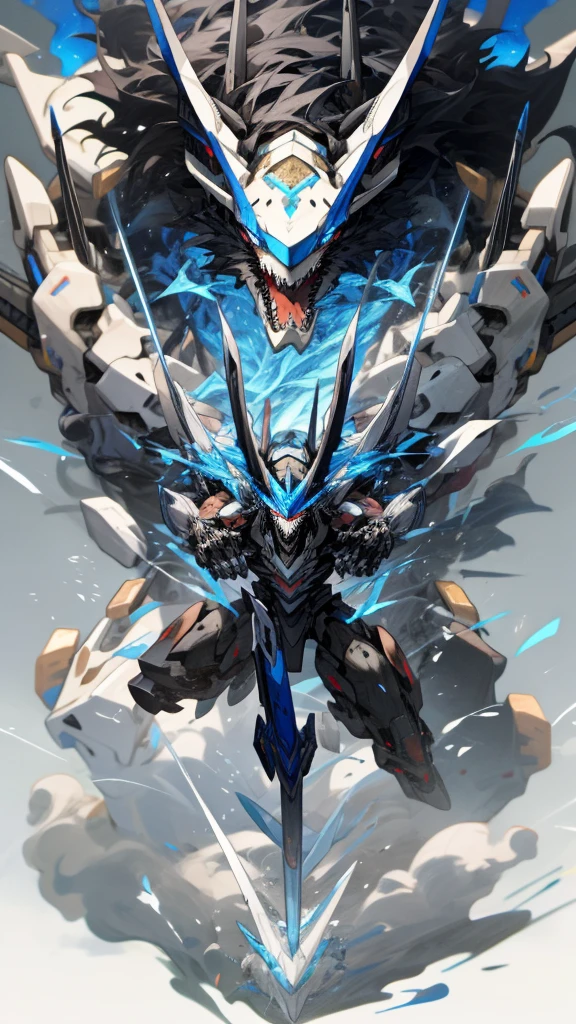 White and black mechs, Dragon helmet, Claw weapons, Giant claws, Attack, Blue, Navy, extremly high detail, black, beast, Animal, mito, Dark, cavalier, Crush, 4 legs,