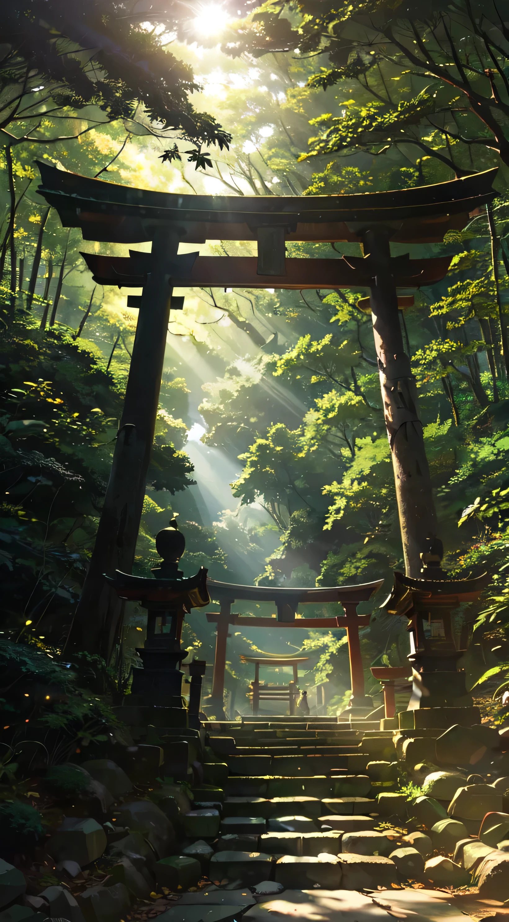 Old torii gate in the forest, old stone stairs, sunlight filtering through the trees, nostalgic