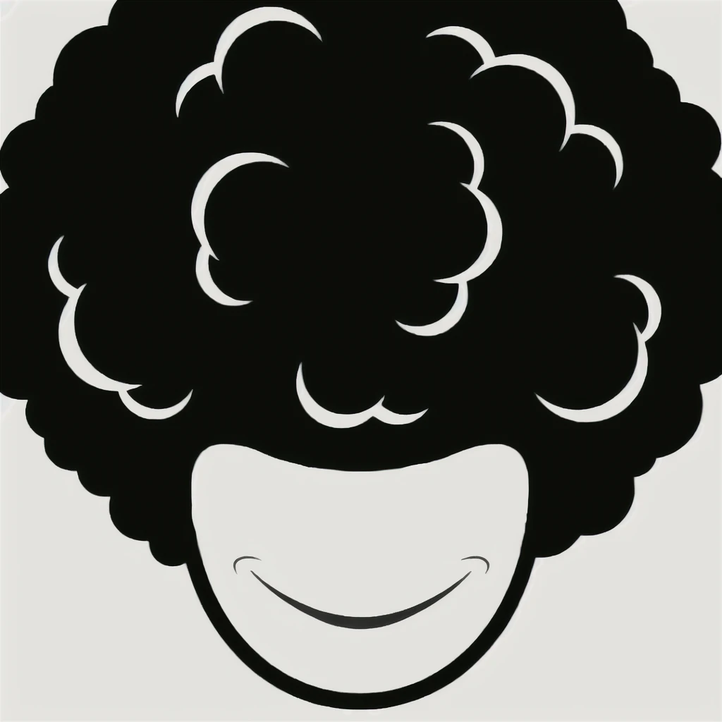 a black and white image of a smiling afro with curly hair, curly afro, black man with afro hair, with afro, afro, dark short curly hair smiling, big afro, afro hair, giant afro!, symmetrical face happy, samurai with afro, long afro hair, detailed smiled face, red afro, smiling expression, brown skin man with a giant grin