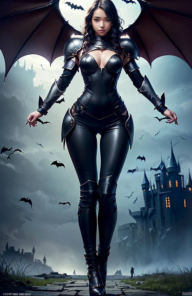((15-year-old))) black girl, (((light skin))), magical aura surrounding her, ((( mysterious dark castle looming behind her))), (((bats flying around)))dusk, (((thigh gap))), (((close-up full body pose))), long black wavy hair, high heel boots, (((wearing torn leather armor))), (((Dungeons and Dragons style art))), fantasy art, Rich, Deep Colours, (intricate details:0.9), (HDR, hyper-detailing:1.2), (natural skin textures, hyper realisitc, soft light, Sharp),( wavy hair)