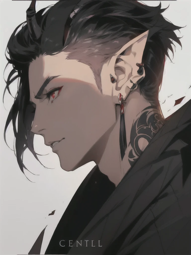 anime character with ear piercings and a black jacket, handsome guy in demon slayer art, a portrait of a male elf, handsome japanese demon boy, pale pointed ears, male anime character, a male elf, attractive humanoid, stunning anime face portrait, in the style of guweiz, demon horns, two black devil horns, two horns protruding from hair, large horns, striking appearance, masculine, two horns sticking out from top of head, red eyes