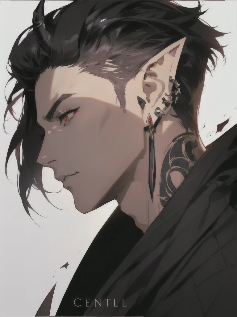 anime character with ear piercings and a black jacket, handsome guy in demon slayer art, a portrait of a male elf, handsome japanese demon boy, pale pointed ears, male anime character, a male elf, attractive humanoid, stunning anime face portrait, in the style of guweiz, demon horns, two black devil horns, two horns protruding from hair, large horns, striking appearance, masculine, two horns sticking out from top of head, red eyes