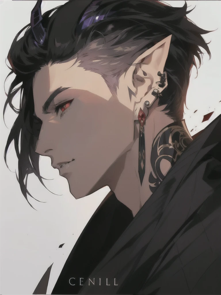 anime character with ear piercings and a black jacket, handsome guy in demon slayer art, a portrait of a male elf, handsome japanese demon boy, pale pointed ears, male anime character, a male elf, attractive humanoid, stunning anime face portrait, in the style of guweiz, demon horns, two black devil horns, two horns protruding from hair, large horns, striking appearance, masculine, two horns sticking out from top of head, red eyes