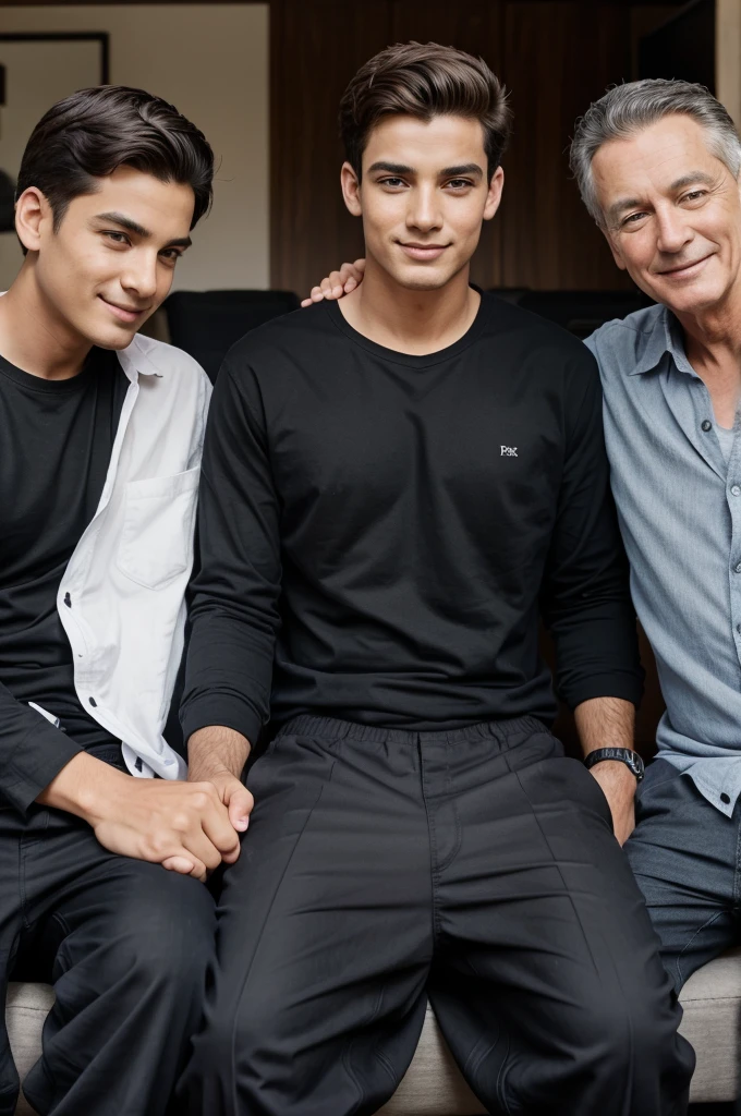 A boy sitting with his dad and happy with his dad. The boy weared a baggy pant and black shirt