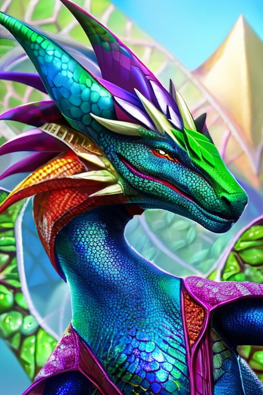 work of art of a beautiful dragon elf, beautiful face and perfect body. His tight suit is made of multicolored dragon scales, great detail of textures, hyper realistic. A resplendent shine runs through it like an ethereal aura, intricate details.