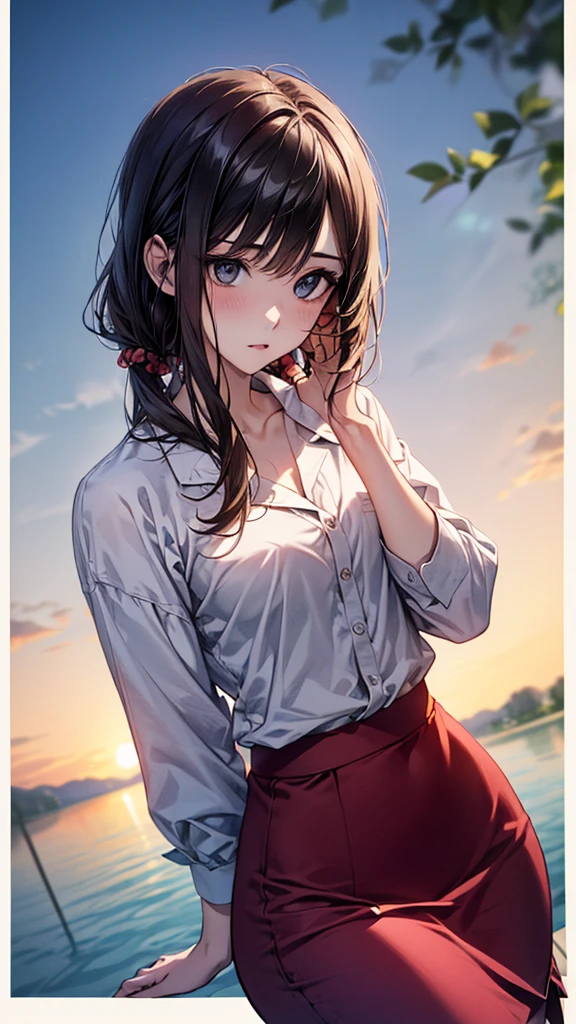 ((Biologically correct limb count))、((whole body including face))、4K、Masterpiece、((Focus on the face))、((Symmetrical, well-proportioned facial features))、Eyes with delicate depictions、(((1 person)))、Beautiful woman、Outstanding style、Slender Body、((Long flared skirt、shirt、(High heels)))、(Embarrassed look)、(Close-up photo of the upper body)、High angle、Photo with white border、、Standing on the lake