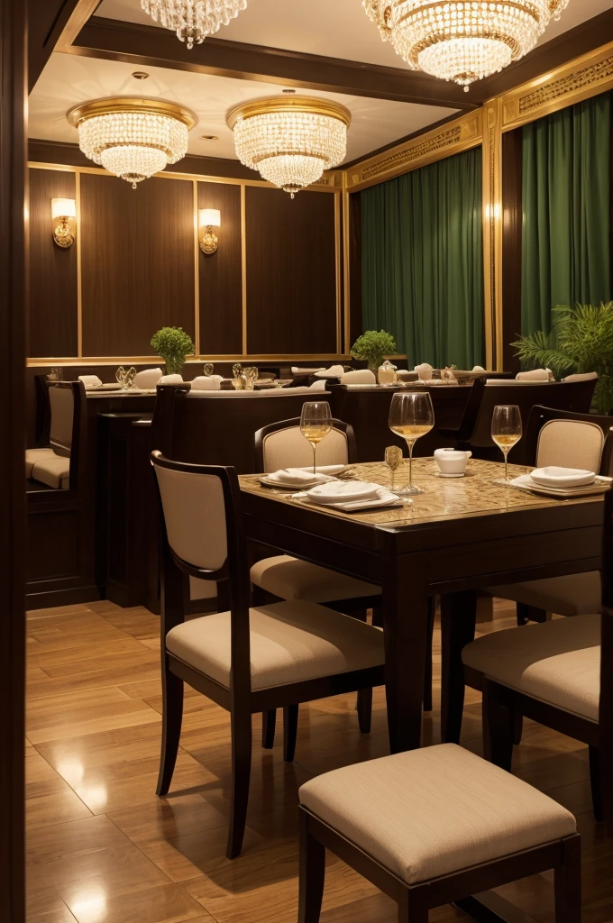 Arabic restaurant with golden green and brown tones, fonte elegante. -Decoration:
- Dark wood furniture, almofadas em verde esmeralda e detalhes dourados.
- Walls with discreet geometric patterns and warm lighting.
- Crockery and Cutlery:
- Plates and cups with gold details and Arabic patterns.

And external area