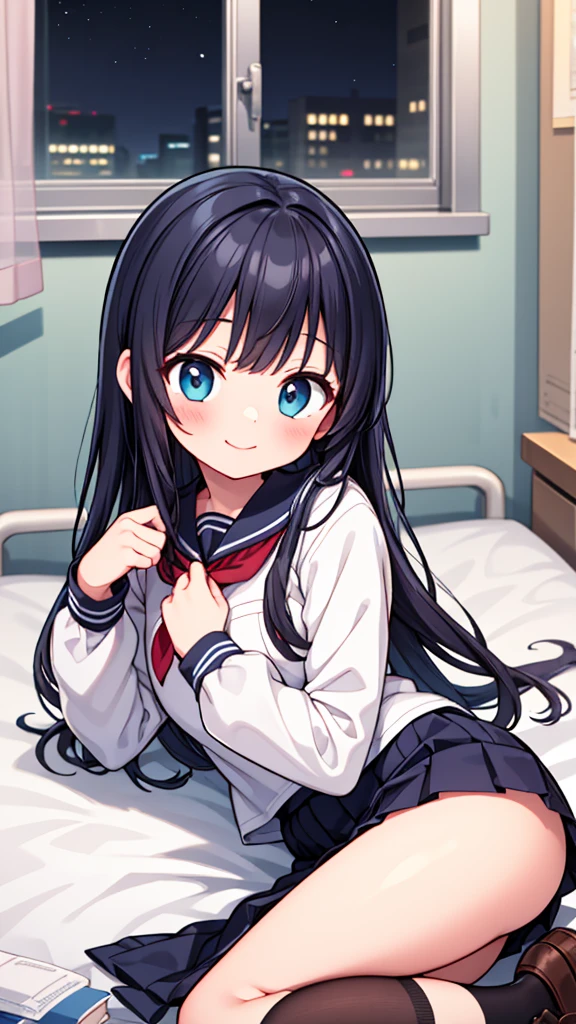 {Highest quality], [so beautiful], [Ultra-fine], [Best illustrations], Browsing Caution,Black Hair, Hime cut, Long Hair, With bangs, girl,high school student,uniform,knit,skirt,smile, blush, Slender women, Adult female,(public),,diagonal, Navy blue knee socks,Black Loafers.night,Health Room,Lying in bed feeling unwell