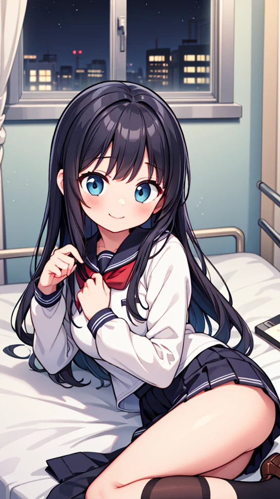 {Highest quality], [so beautiful], [Ultra-fine], [Best illustrations], Browsing Caution,Black Hair, Hime cut, Long Hair, With bangs, girl,high school student,uniform,knit,skirt,smile, blush, Slender women, Adult female,(public),,diagonal, Navy blue knee socks,Black Loafers.night,Health Room,Lying in bed feeling unwell