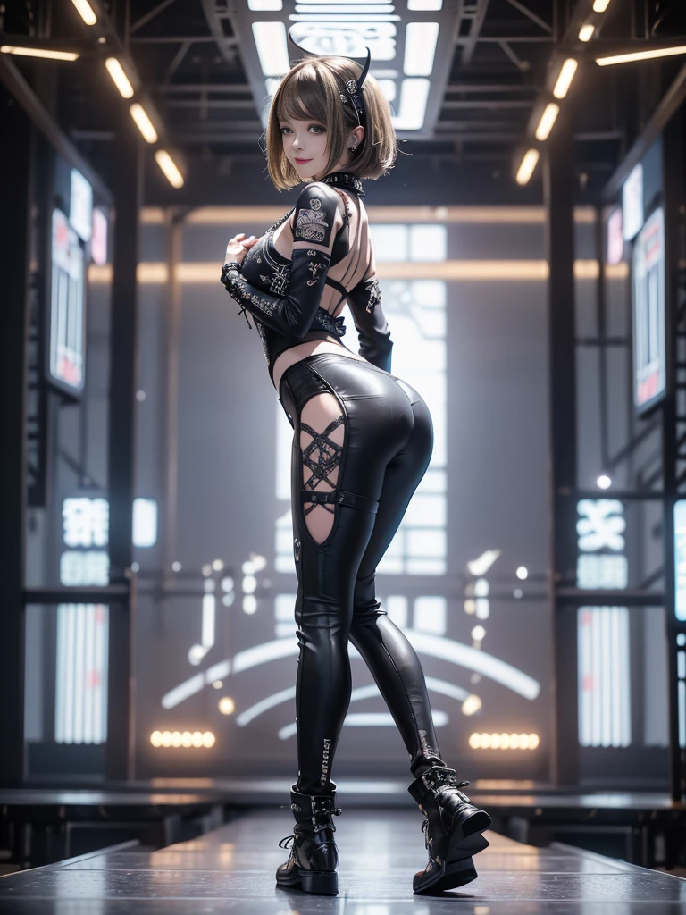 (Full Body View:1.4)、(Back view:1.3)、(Show your ass:1.4)、(Thong:1.2)、(Smiling with teeth showing:1.3),(Shibuya Gal:1.5)、(Gothic ta style fashion:1.5)、(Punk RockVisual Kei:1.5)、(Wearing a futuristic bodysuit with intricate details:1.4)、(Racing suit and pants in white and denim with delicate decorations:1.5)、(Denim and light blue and white boots:1.3)、((belt))、(Numerous delicate logo marks all over the costume:1.4)、(collar:1.3)、(Striped underwear:1.5)、20-year-old、NSFW、((Highest quality、In 8K、masterpiece:1.3))、Sharp focus:1.2、(Layered Cut、Huge boobs:1.1),Beautiful woman with perfect figure:1.4、(Doing an aerobics pose:1.3)、Slender Abs:1.2、Highly detailed face and skin texture、Detailed eyes、double eyelid,(Short Bob Hair:1.3)、(Brown-golden hair:1.3)、Gravure idol、(The background is the stage of the fashion show:1.3)、(Slim body:1.3),(Make your legs thinner:1.4),(clavicle:1.1)