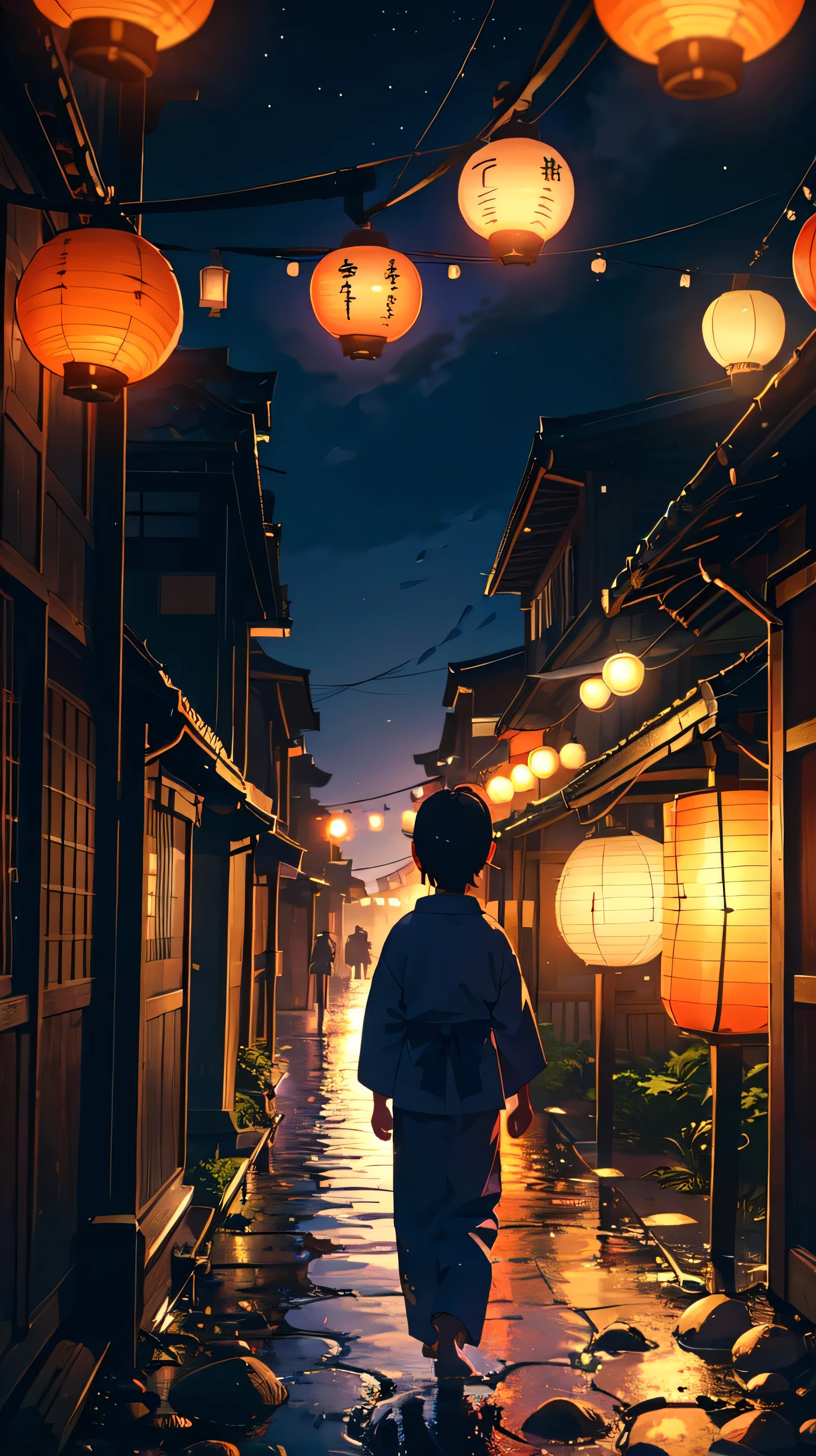 Summer festival, row of lanterns, Japanese, little boy in Navy blue yukata, dusk，Back view，Gravel road