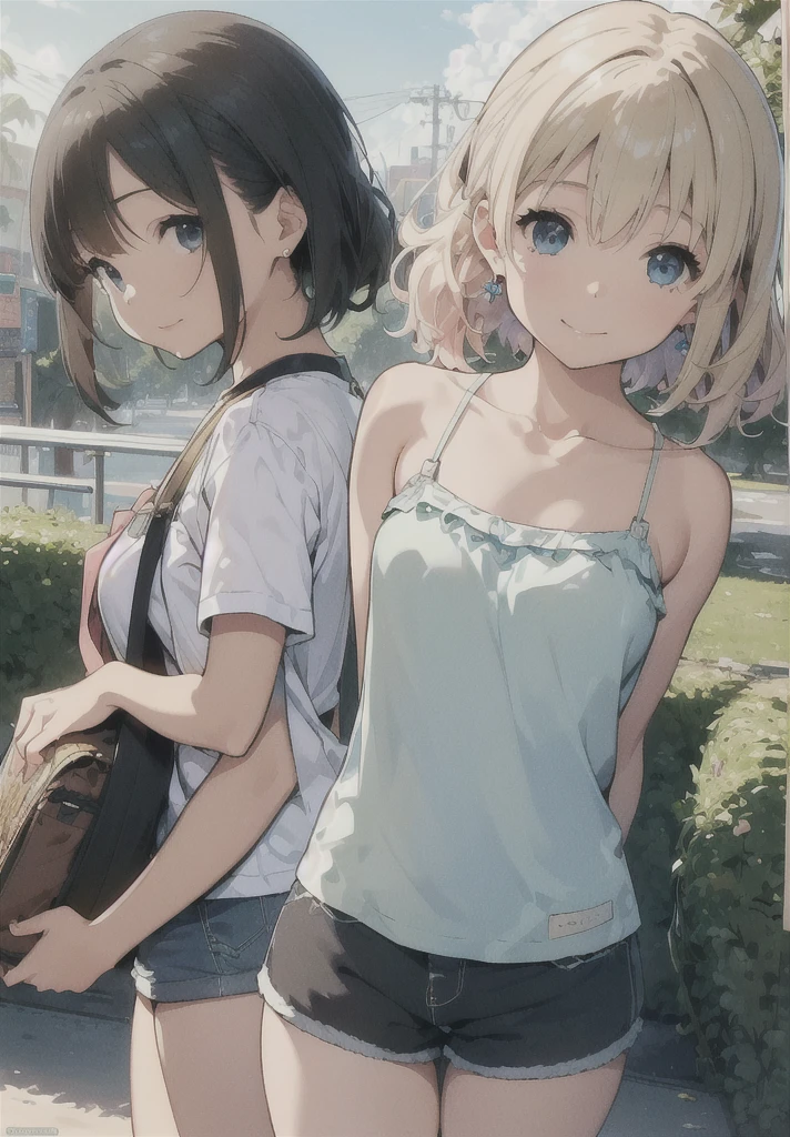 reasonable design, Clear lines, High Sharpness, (highest quality,8K,Perfect sharpness,Ultra fine,High resolution,masterpiece:1.2), Perfect Anatomy:1.5, Official Art, Illustrations that tell a story, (Whitish background:0. 9)、Body Positivity、More Mr.Physical expression、(Random and mischievous poses)、Perfect beauty、Perfect beautiful face、Strong winds、A rich expression、Dynamic composition、smile、Golden ratio composition、colorful、(Mr.Different angles and perspectives)、anime art、mini skirt、(Overcoming stereotypes)、 Glowing Skin、(Natural beauty)、smile、bangs、Straight blonde Hair、(Soft and flowing hair)、(Rural Scenery)、(Nostalgic atmosphere)、Insert up to the thighs、(Playful and carefree)、(More Mr.Ethnic characters)、(innocent attitude)、(Sunny atmosphere)、Skirt flipped up and showing panties、(Bright colors)、Belly button exposed、Beautiful blue Eyes、A skirt fluttering in the wind、Put it in to your feet、Some composition patterns、Tank top、sensuous、Geometric pattern、、