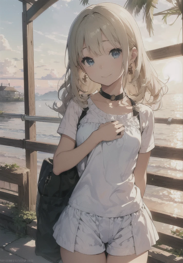 (((Masterpiece)), (((Highest Quality)), (((Very delicate and beautiful)), (Highly detailed CG Unity 8K wallpaper: 1.3), Very delicate light, (Backlight), (Steampunk),
/=、
(Cowboy Body)), 18 year old girl, Solo, (Petite), (Small), Neon Pink Sunglasses, Swimsuit, High Waist Shorts, White Hair, Blue Eyes, Earrings, (Wavy Curly Short Hair), (Ahoge), (Cute Face: 1.114), (Fine Eyes: 1.15), (Cute Face: 1.114)
, (beautiful fine eyes and beautiful face: 1.15),
The girl is smiling and looks happy in a beautiful tropical landscape. Behind her, the sun is setting, casting a warm glow on the scene, creating a dreamy atmosphere. In the distance, palm trees sway in the breeze, creating a leisurely retro atmosphere, such as sand, sun, beach, sea, horizon, etc.
Highly detailed ray tracing