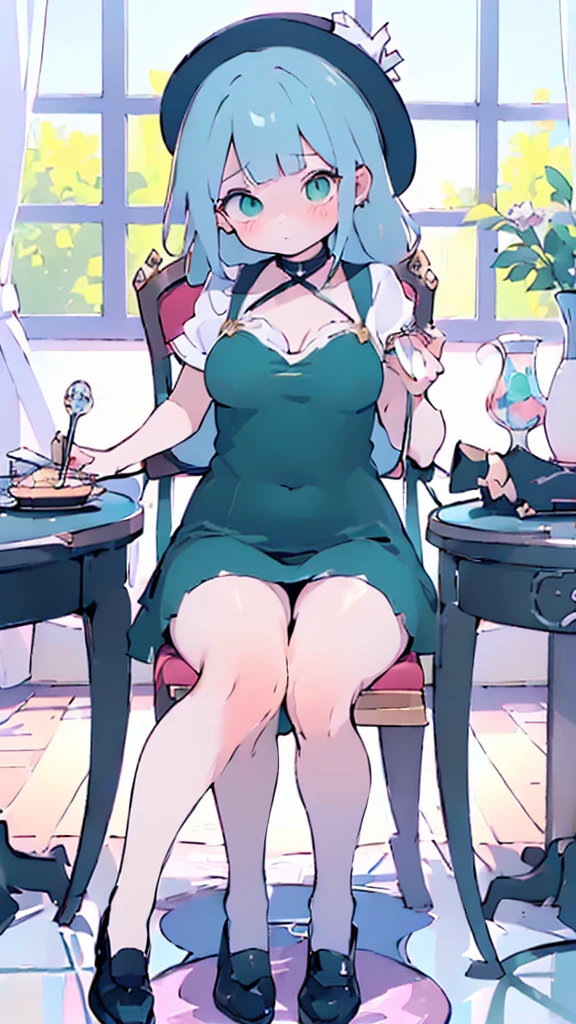 (flat:1.5),(cafe, window, sunlight, table, chair, sedentary:1.5) (big , thick thighs:0.7), (warm light source:1.2), intricate details, volumetric lighting, Realism BREAK(masterpiece:1.2), (top quality), 4K, ultra detail, (Dynamic configuration:1.4), Very detailed and colorful details,(rainbow colors:1.2), (shining lights, atmospheric lighting), dreamy, magical, (alone:1.2), intricate details, cheeky expression, (:1.5), (green eyes:1.5), (a devastated expression, dead eyes, dark atmosphere:1.5), (Green long hair:1.5), (shoes, buttoned dress shirt, Small hat,Small and tight denim shorts:1.5), (chubby, Belly Fat), (beautiful eyes, flushing:1.5),(human ear,thin legs:1.5),(chair에 sedentary, diagonal shot:1.5), (embarrassing:1.5),(diagonal shot:1.5)