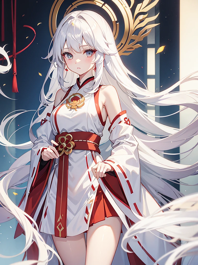 Miko dress, large breats, pale skin, white hair, long hair