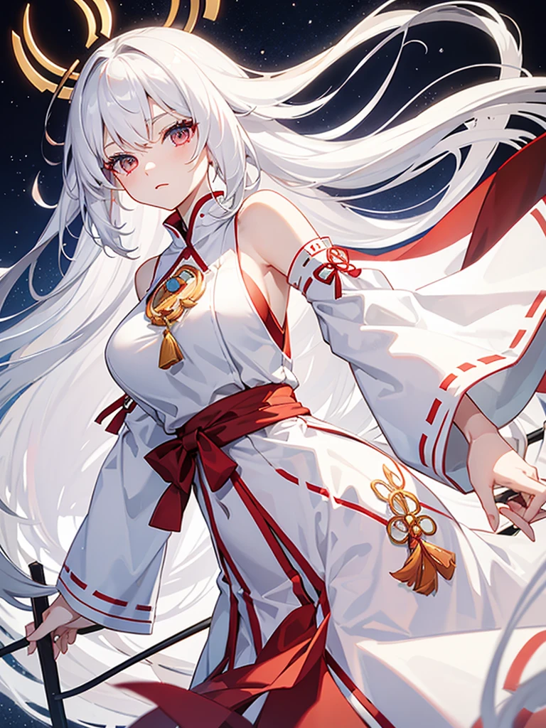 Miko dress, large breats, pale skin, white hair, long hair