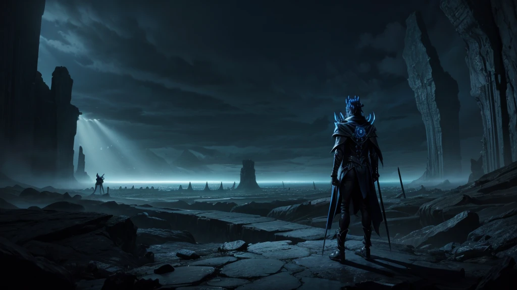 hades in the underworld standing looking at the horizon of the underworld