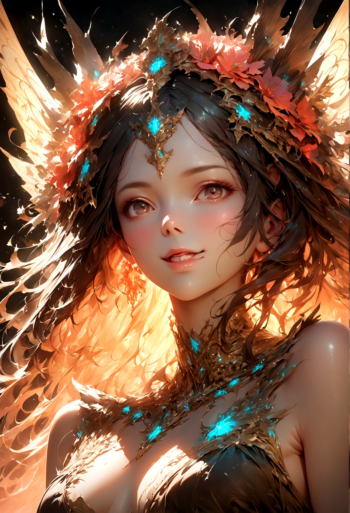 a portrait of a monster girl with a wide, sly smile with all of her pitch-black eyes facing upwards, scary , ultra wide-angle, Grainy , mysterious color , infrared lighting . Super detailed, photorealistic, splattered, spattered  ,  cinematic light , black background , Cycles render, intricate artwork masterpiece ,  dreamy, glowing, backlit, glamour, vibrant, ultra high quality model, 4K