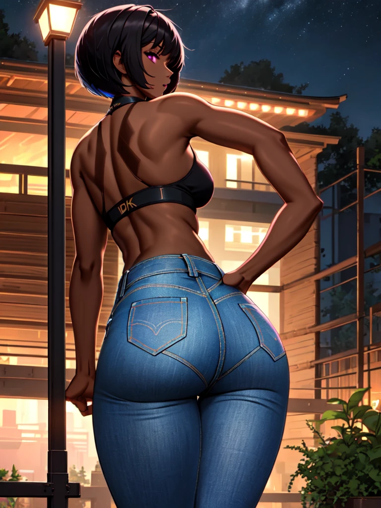 masterpiece, best quality, solo focus, extremely detailed 8k CG unity wallpaper, 1girl with short bob cut hair, glowing eyes, tight jeans, (dark skin:1.5, tomboy), toned, big ass, contrapposto, nighttime, pink eyes, outdoors, landscape