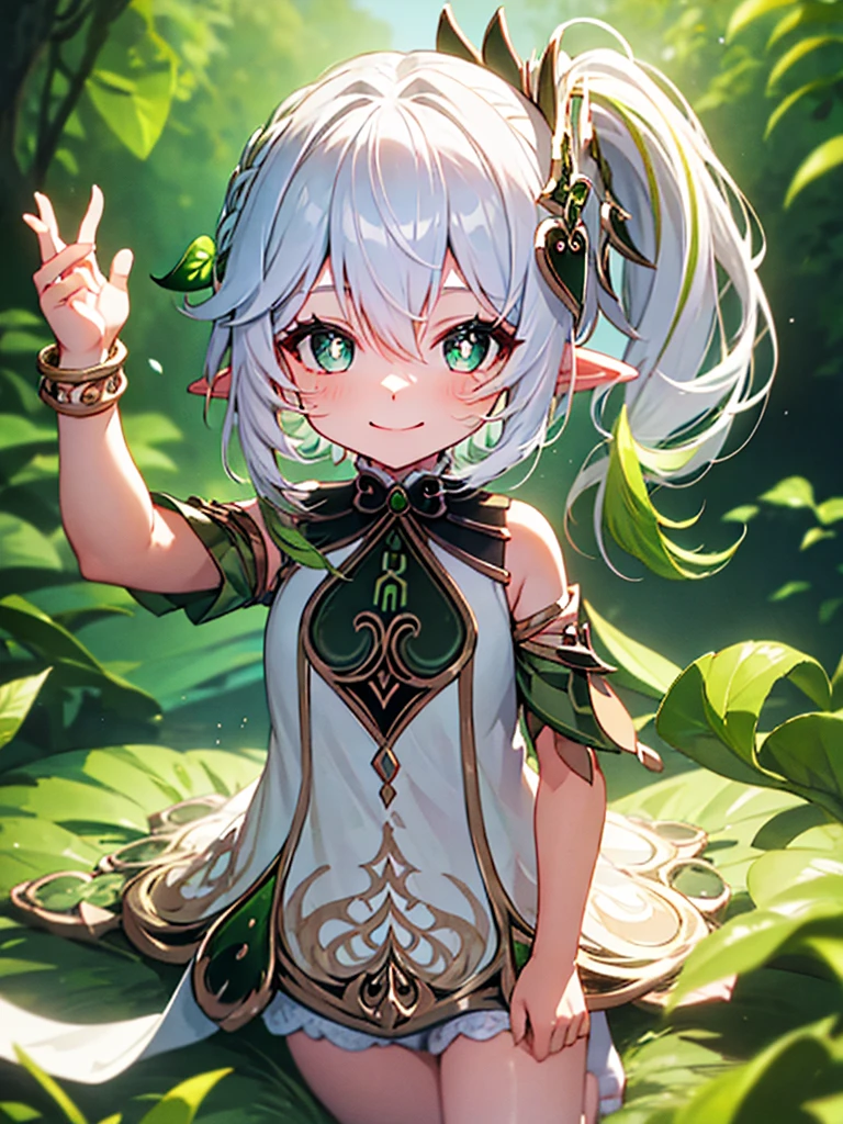 masterpiece, best quality, nahida_genshin, solo, long_hair, green_eyes, bangs, pointy_ears, hair_ornament, white_hair, symbol-shaped_pupils, multicolored_hair, side_ponytail, gradient_hair, green_hair, hair_between_eyes, cross-shaped_pupils, smile, jewelry, leaf_hair_ornament, bracelet, , ((petite)),
smile, standing, forest,