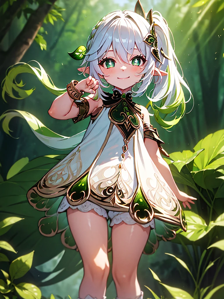 masterpiece, best quality, nahida_genshin, solo, long_hair, green_eyes, bangs, pointy_ears, hair_ornament, white_hair, symbol-shaped_pupils, multicolored_hair, side_ponytail, gradient_hair, green_hair, hair_between_eyes, cross-shaped_pupils, smile, jewelry, leaf_hair_ornament, bracelet, 8yo, ((petite)),
 smile, standing, forest,