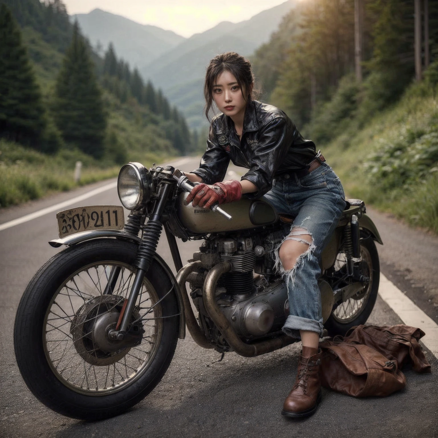1950s, cafe racer, Japanese woman, riders wear, beautiful face, torn pants, very intricate details, metallic paint, single road in wilderness, realistic photo, taken with Fuji film X-T30+Nokton. HDR10