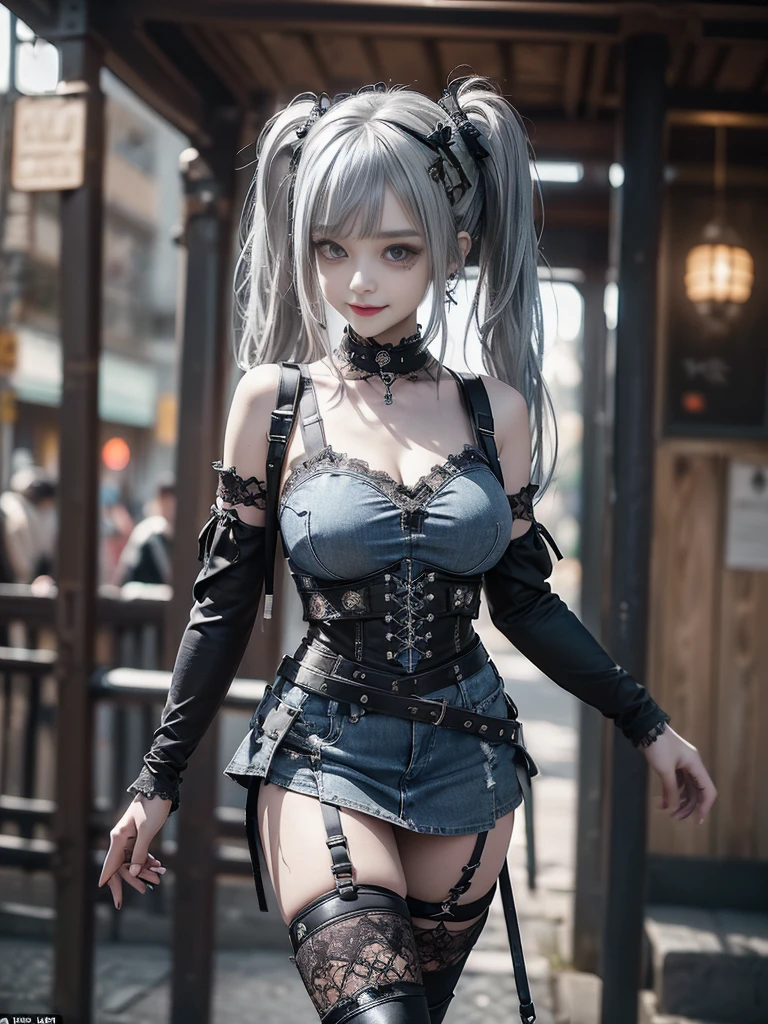 (Smiling with teeth showing:1.3),(Shibuya Gal:1.5)、(Gothic ta style fashion:1.5)、(Punk RockVisual Kei:1.4)、(Brown color denim and black medieval royal mini skirt dress:1.5)、(Brown denim and black medieval arm covers and bustier:1.5)、(Brown high heels:1.3)、(Wearing silver accessories:1.5)、(Brown lace collar:1.4)、(Black Leather Garter Belt:1.4)、(Brown Skin Belt:1.3)、(Black lace underwear:1.5)、20-year-old、NSFW、((Highest quality、In 8K、masterpiece:1.3))、Sharp focus:1.2、(Layered Cut、Huge boobs:1.1),Beautiful woman with perfect figure:1.4、(Dancing vigorously:1.3)、Slender Abs:1.2、Highly detailed face and skin texture、Detailed eyes、double eyelid,(Twin tails:1.3)、(Light silver colored hair:1.3)、Gravure idol、(The Caribbean cityscape in the background:1.3)、(Slim body:1.2),(Make your legs thinner:1.4),(clavicle:1.1)