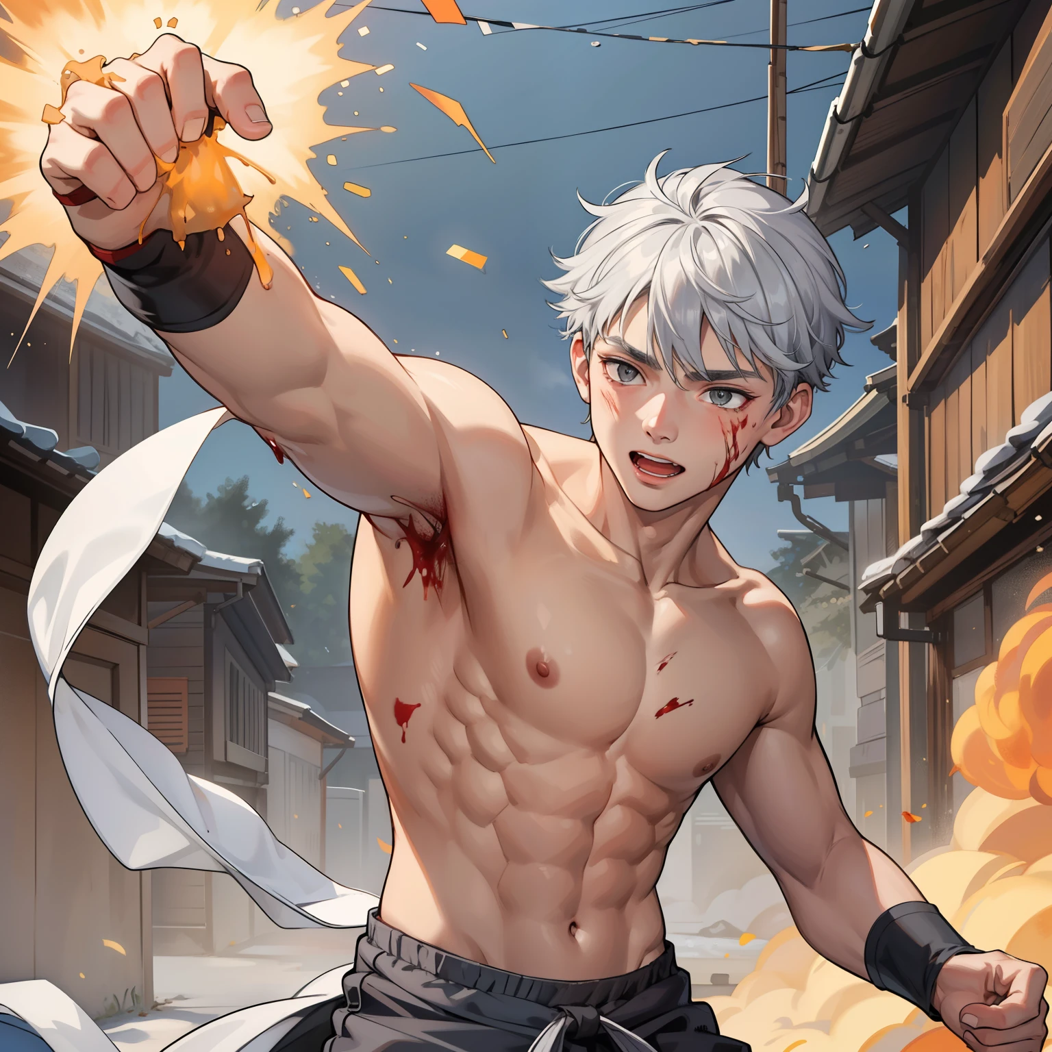 He is thin, cute, 16-year-old boy, gray eyes, gray hair, he is bleeding on his head and on his chest he has been hit. 