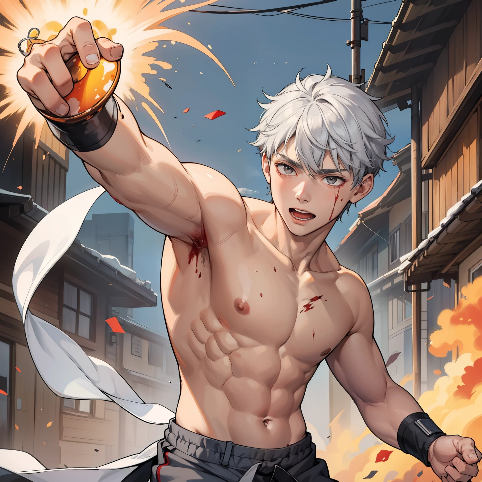 He is thin, cute, 16-year-old boy, gray eyes, gray hair, he is bleeding on his head and on his chest he has been hit. 