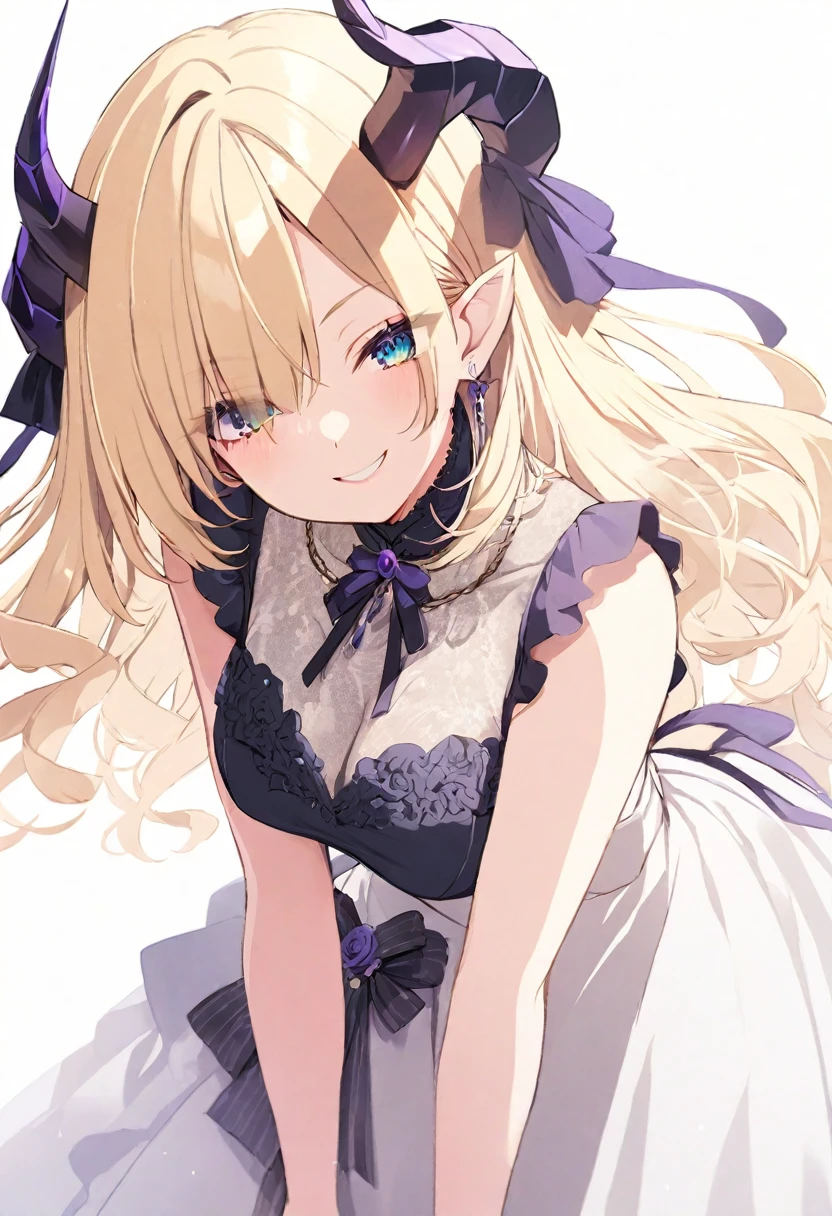 (masterpiece), (best quality), perfect face, beautiful girl, white background background, delicate and beautiful face and eyes, dark intense shadow,
1 girl, vtuber style, cool girl, hololive, Yuzuki Choco, blond hair, evil horns, Gorgeous evening dress Ruffles dress, lace, necklace, big chest, cropped shoulders, clavicle, winking, smile, body visible through clothes, chest visible through clothes, ass visible through thighs, High heel, (full body), looking at viewer, standing,