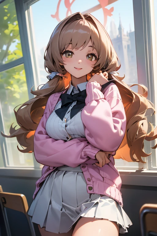 a student girl leaning on a glass window in a classroom, wide smile, detailed intricate portrait, 8k resolution, wide viewing angles, huge firm bouncing bust, wearing a pink cardigan and white skirt, long brown curls, dynamic sexy pose, silver eyes, photorealistic, extremely detailed, ultra-fine painting, physically-based rendering, professional, vivid colors