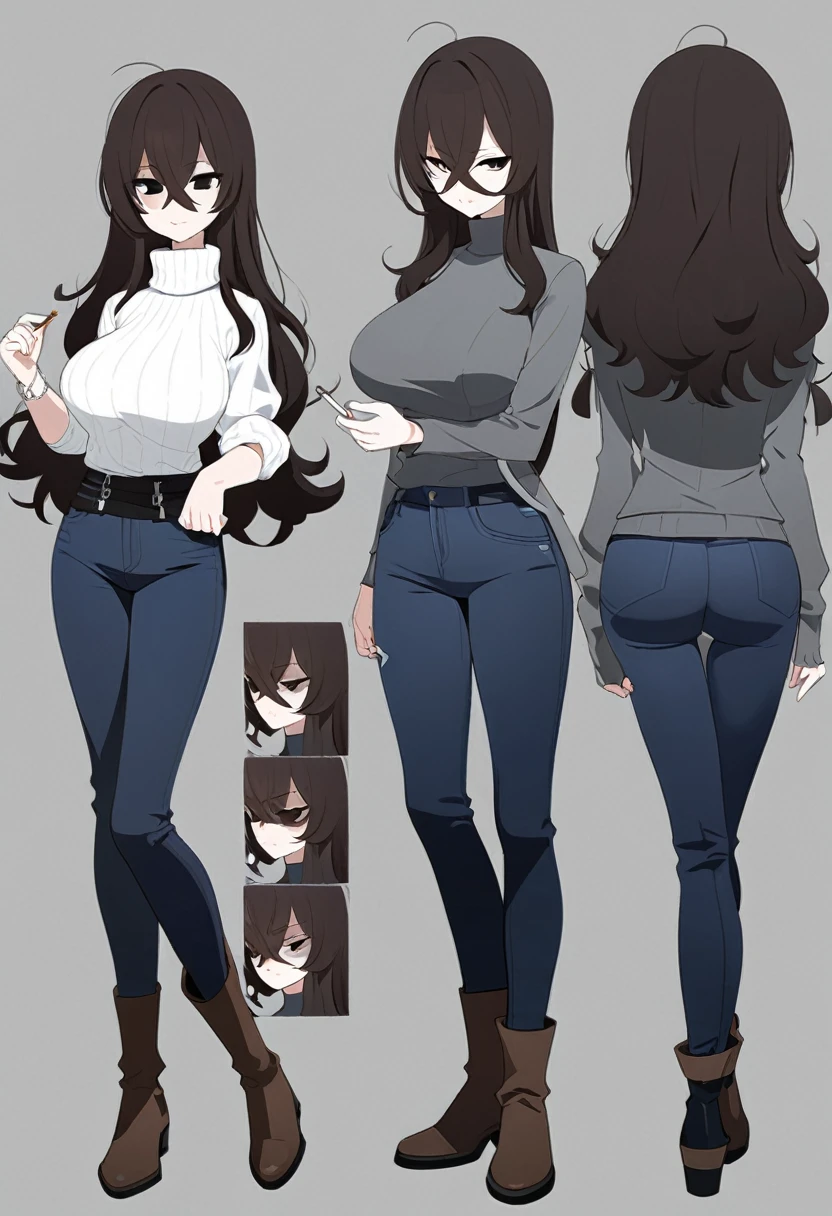 One Woman,Downer,older sister,Concept Art,Dark brown hair,Straight hair with slight inward curls,Staring eyes,Eye Ridge,black eye,Crossed bangs,whole body,smile,Larger breasts,Gray background,Bangs that reach down to the eyes,Messy hair,Tight dark jeans,Gray turtleneck sweater,Multiple views of the same character,Character Design,Dark circles under the eyes,Bad look,Listless,Sloppy,Silver Jewelry,Cafe staff,Holding a cigarette,whole bodyCharacter Design,Detailed hands,Height: 170cm,boots,Fleshy body,
