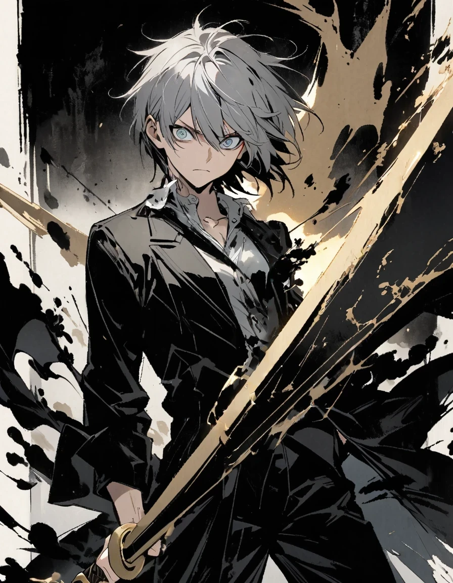 Short grey hair Sharp eyes 28 years old Holding a golden long sword Damaged black suit Ink painting art null
