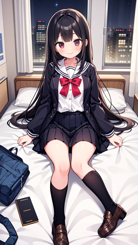 {Highest quality], [so beautiful], [Ultra-fine], [Best illustrations], Browsing Caution,Black Hair, Hime cut, Long Hair, With bangs, girl,high school student,uniform,knit,skirt,smile, blush, Slender women, Adult female,(public),,diagonal,Black Loafers.night,Health Room,Lying in bed feeling unwell