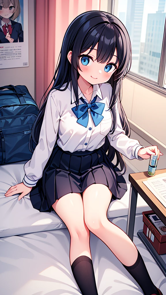 {Highest quality], [so beautiful], [Ultra-fine], [Best illustrations], Browsing Caution,Black Hair, Hime cut, Long Hair, With bangs, girl,high school student,uniform,knit,skirt,smile, blush, Slender women, Adult female,(public),,diagonal,Black Loafers.night,Health Room,Lying in bed feeling unwell