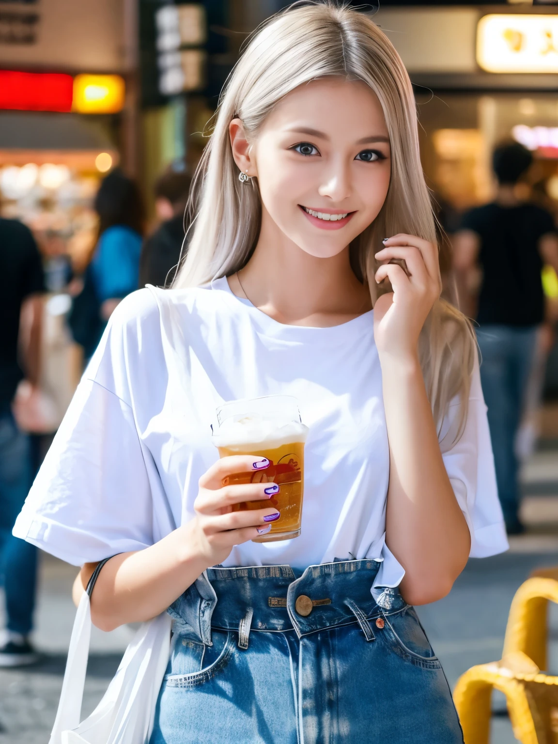 （Best Quality、8k、High resolution、masterpiece：1.25）、Super detailed、（Realistic、Photorealistic：1.5）、((Looking at the camera、Japanese:1.3))Light silver hair、Beautiful Blue Eyes、Cute face、Detailed face、Perfect Face、23 years old、smile、whole body、Natural Makeup、Hot dog on the right、In his left hand he is holding a plastic cup of beer、Wearing a white T-shirt、Wearing damaged denim、

