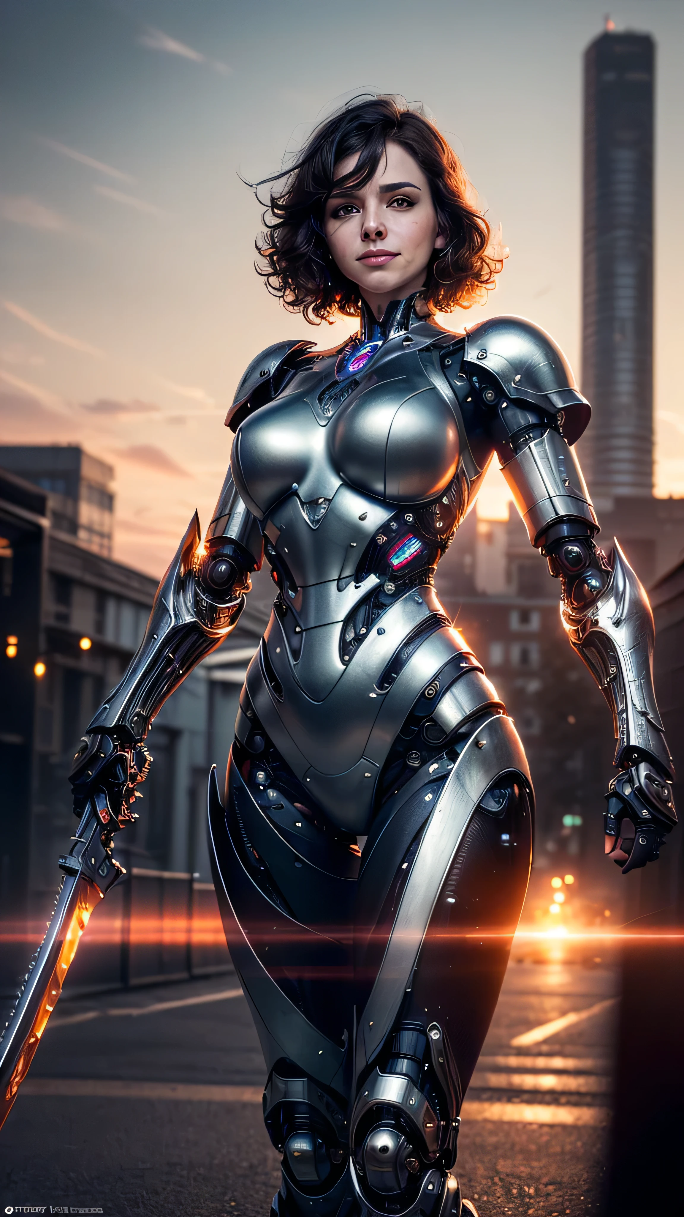 (masterpiece, photorealistic:1.4, extremely intricate:1.3), (photon mapping, radiosity, physically based rendering, ultra resolution, hyper-realistic, hyper-realistic, 8K, (dtx)), muscular girl, ((Sumptuous armor from the late Renaissance, black chrome perfectchainmail armor:0.8, ((mechanical limbs, cybernetic arms, futuristic cyborg, ((weapon)))), smirking, aloof, [skin detail:freckles:0.7])), metal reflections, outdoors, sunset, background futuristic battlefield, far away city destruction, skylaser, professional photograph, (short curly black hair, blowing, dynamic movement pose), sharp focus, dramatic, award winning, (film grain, bokeh, interaction)
