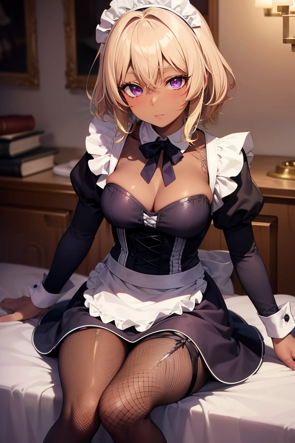 (Tabletop, Highest quality, Super detailed), One Girl, Purple eyes, Blonde Hair, Dark Skin, Short Hair、Perm Hair、((Fishnet tights))、(Bedroom)、((Maid clothes))、Long skirt、corset、Poop sitting