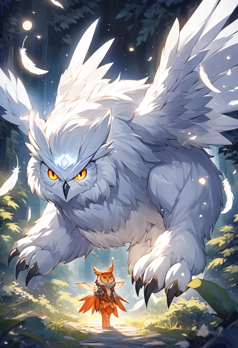 Majestic magical creature with a wolf-like body and soft silver fur glowing with moonlight, owl head with large glowing amber eyes, long pointed ears, huge owl wings sprouting from its back, wingspan up to three meters with feathers shimmering in moonlight, powerful wolf-like paws with sharp claws, silver fur and shimmering feathers, wise and all-knowing gaze, ready for flight or hunt, set in a dense forest or rocky mountains under moonlight, subtle glow around the creature, mystical shadows