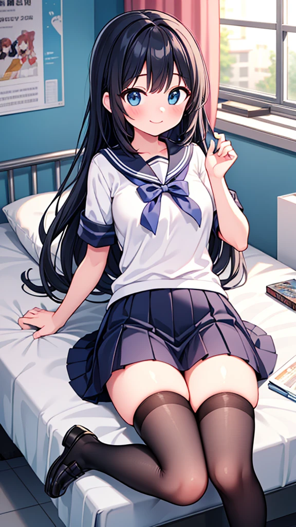 {Highest quality], [so beautiful], [Ultra-fine], [Best illustrations], Browsing Caution,Black Hair, Hime cut, Long Hair, With bangs, girl,high school student,uniform,knit,skirt,smile, blush, Slender women, Adult female,(public),,diagonal, Navy blue knee socks,Black Loafers.night,Health Room,Lying in bed feeling unwell