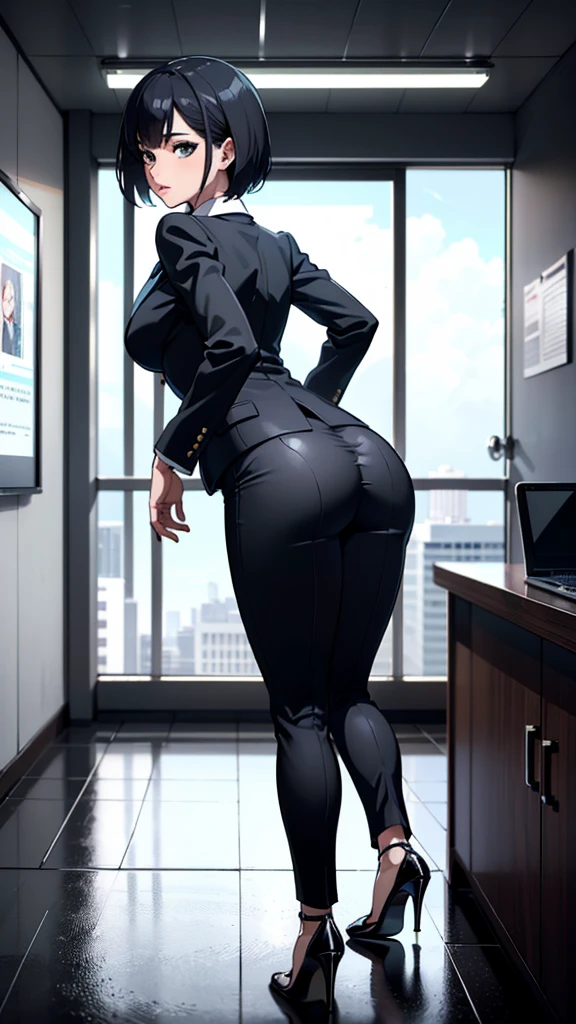 (Highest quality, 8k, 32K, masterpiece, Ultra-high resolution:1.2), One girl, Beautiful Japanese Women, Tight waist, grey suit, Open jacket, office lady, suit, pants, From behind, Office Room, machine,  (Stick your butt out:1.2), Detailed face, short hair, View your viewers、High heels