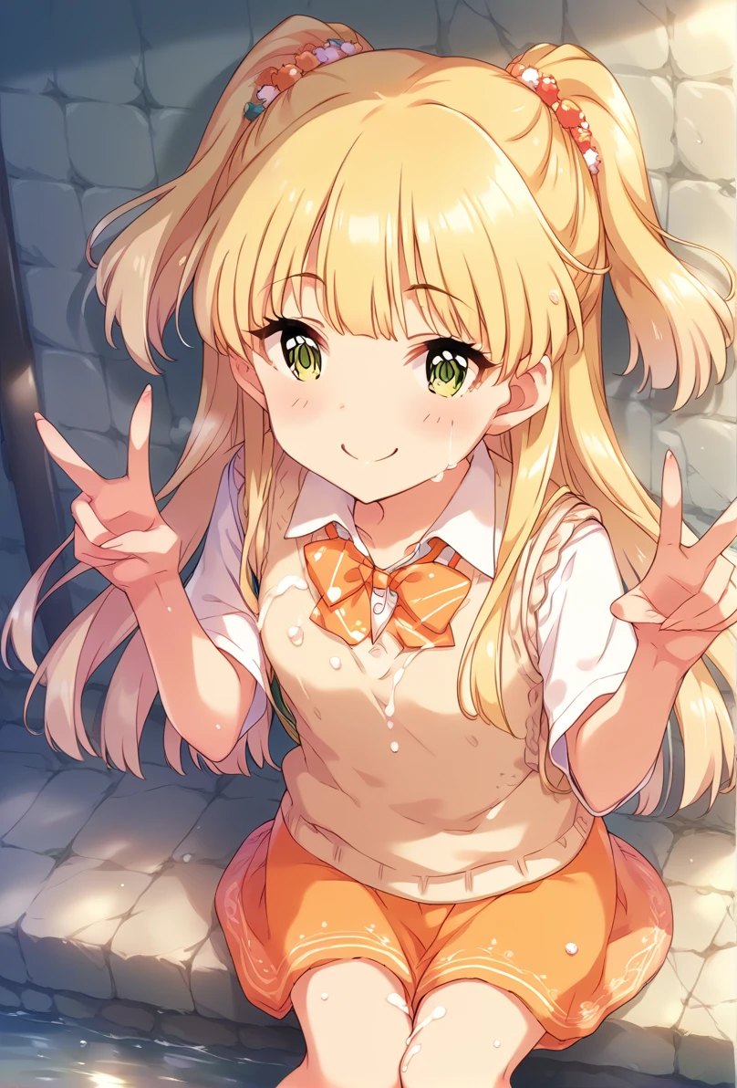 score_9, score_8_up, score_7_up, BREAK source_anime, rating_explicit, best quality, masterpiece, uncensored,1girl,Jougasakijgskrk, , long hair, blonde hair, two side up, bangs, hair ornament, green eyes, small breasts,sweat,blush,smile,double v,bukkake,sweater vest,orange skirt