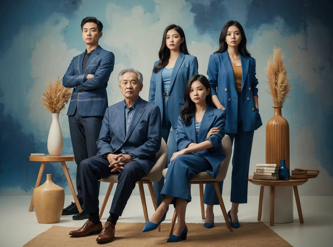 Studio photography of an Indonesian family consisting of 5 members, 1 father and 1 mother aged 50 years sitting in chairs, standing behind them are 3 people, two women aged 28 with straight hair, a man aged 25 with crew cut, all wearing blue formal suits and clothing, background in the studio with blue abstract patterned wall, dried flower vase, ultra HD, 32k.